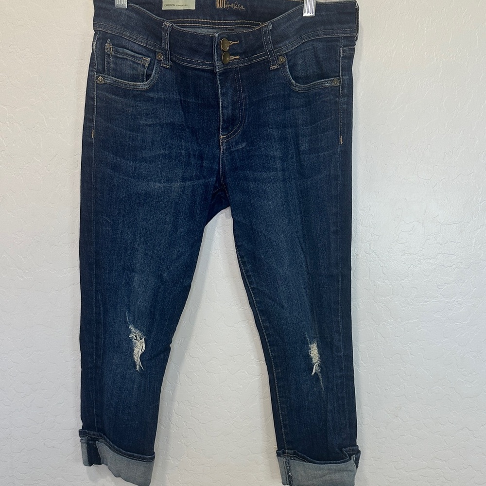 Kut from the Kloth Blue Crop Distressed Jeans capri cameron straight leg sz 4
